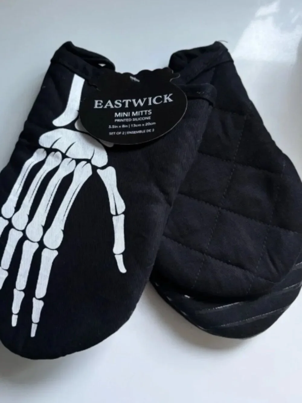 NWT EASTWICK Black Mini Oven Mitts with White Skeleton Print